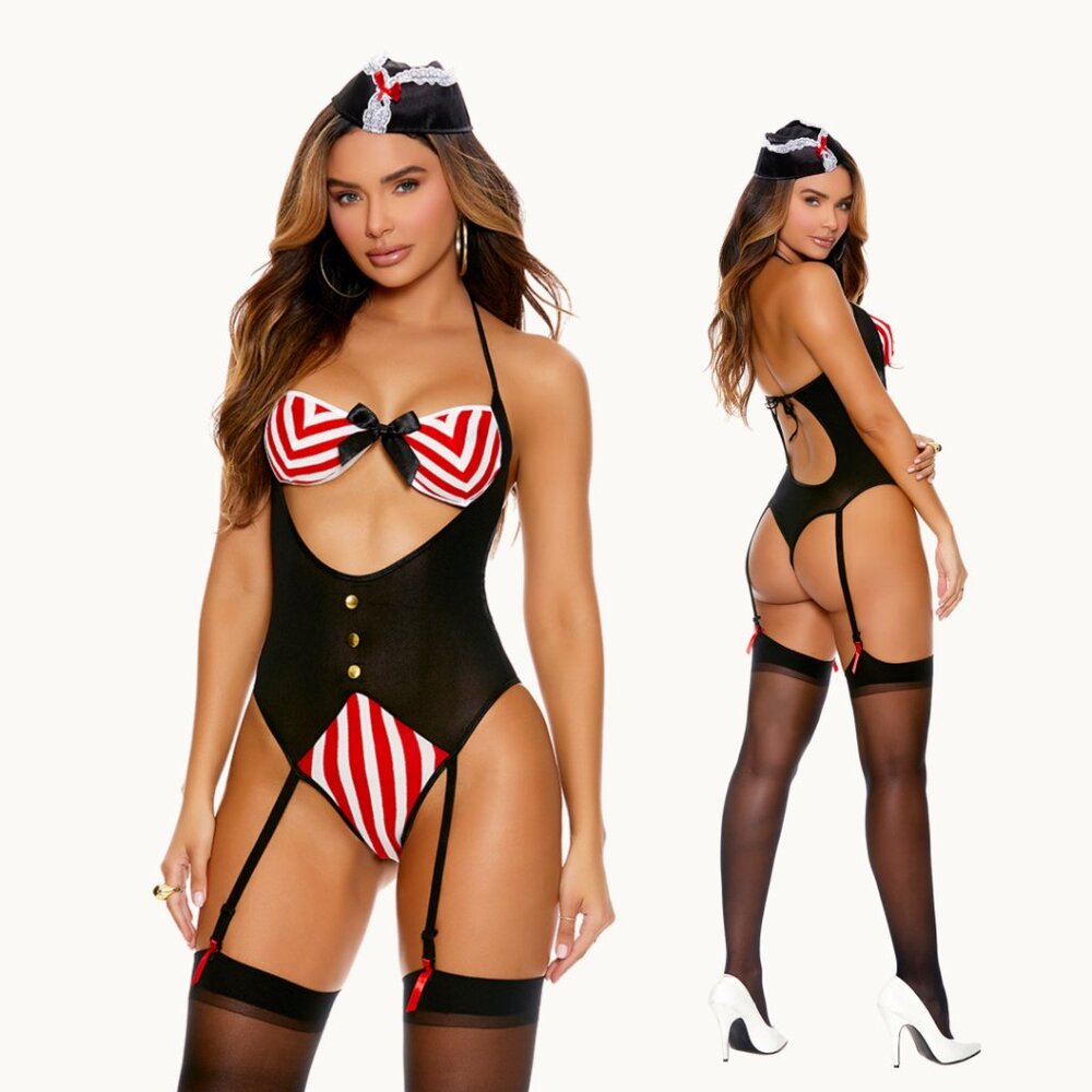 Pirate Roleplay Teddy Lingerie Set Striped Garters & Hat